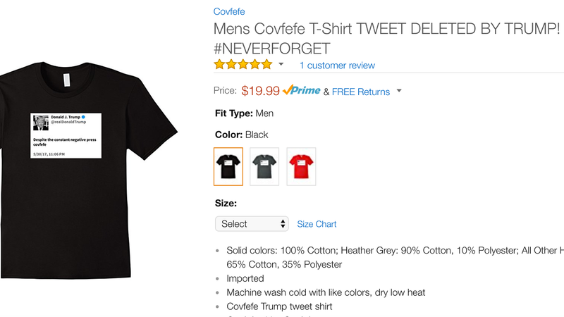 Illustration for article titled Be the Saddest Guy in the Office With Amazon's Embarrassing 'Covfefe' Swag